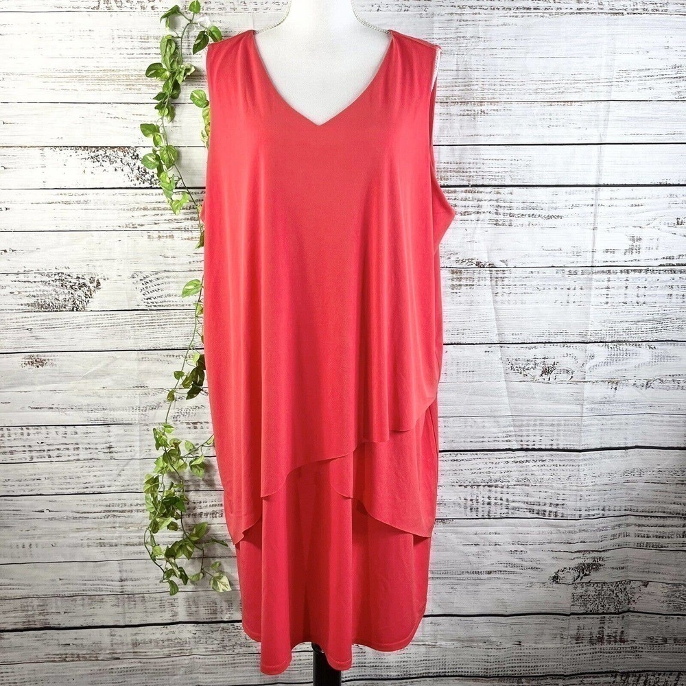 Susan Graver Dress Large Pet Fire Orange Lagenlook Layered Knee Stretch Cocktail
